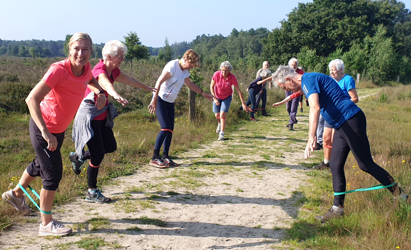 wandelgroep doet oefeningen in groen landschap